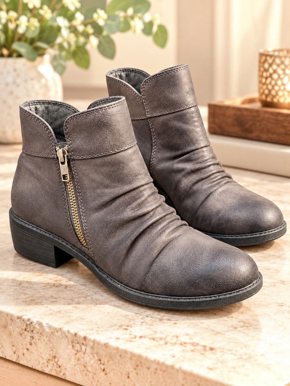 Gray Ruched Ankle Boots Women’s Size 7 Side Zip Low Heel Booties